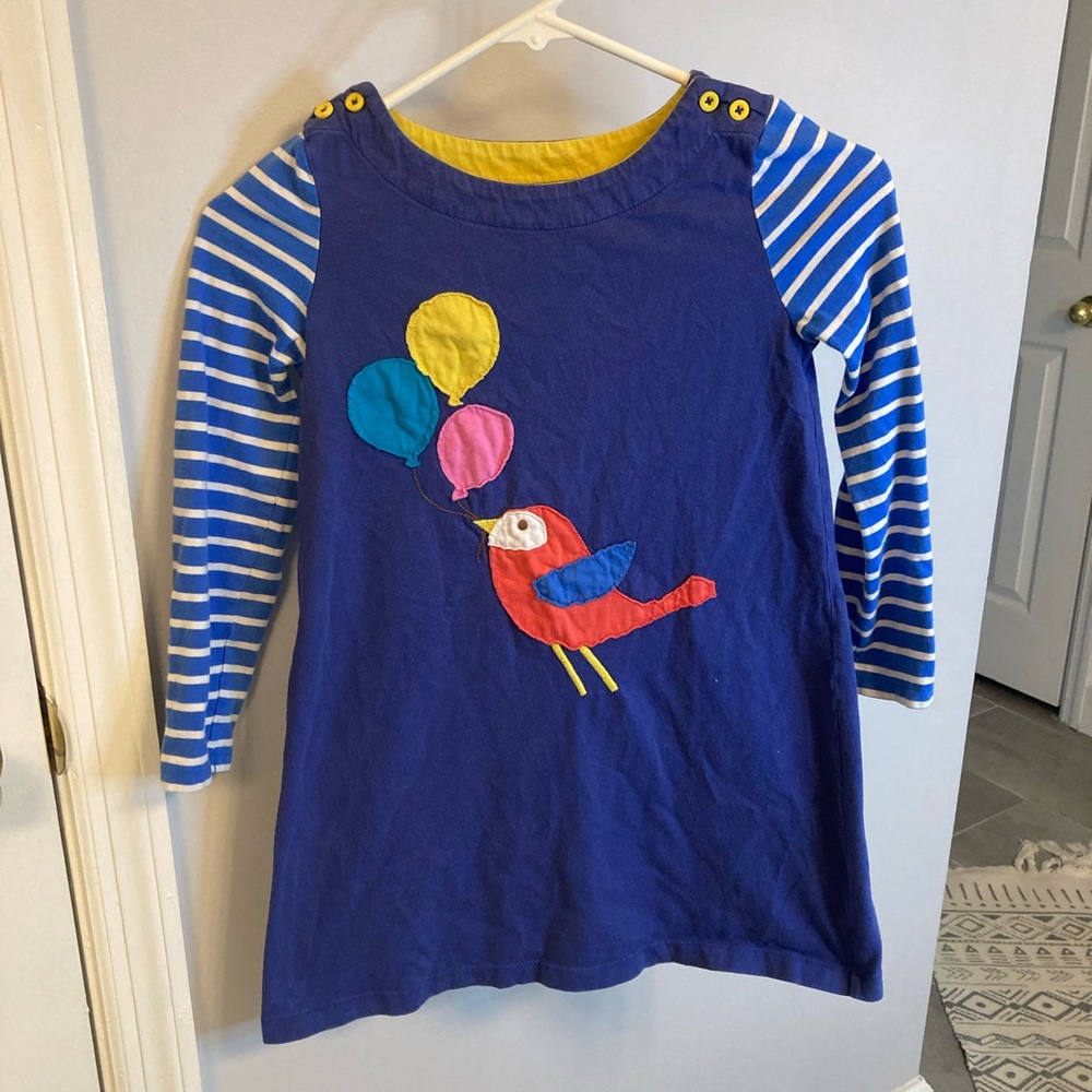 MINI BODEN Girls Sz 7/8 Sweet Applique Bird and Balloons Knit Dress Blue Yellow